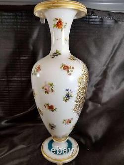 French Opaline Art Glass Portrait Vase 14.25 tall all hand painted C. 1870
