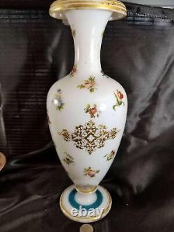 French Opaline Art Glass Portrait Vase 14.25 tall all hand painted C. 1870