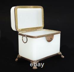 French White Opaline Glass Footed Box Bronze mounts dual ring handles 19th cent