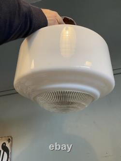 GEOMETRIC ART DECO OPALINE & HOLOPHANE GLASS PENDANT LIGHT. Three Available
