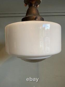 GEOMETRIC ART DECO OPALINE & HOLOPHANE GLASS PENDANT LIGHT. Three Available
