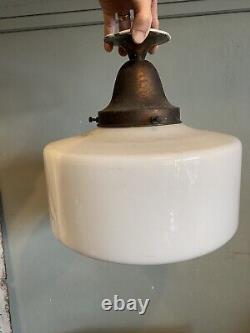 GEOMETRIC ART DECO OPALINE & HOLOPHANE GLASS PENDANT LIGHT. Three Available