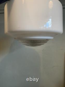 GEOMETRIC ART DECO OPALINE & HOLOPHANE GLASS PENDANT LIGHT. Three Available