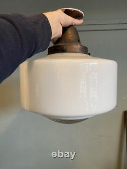 GEOMETRIC ART DECO OPALINE & HOLOPHANE GLASS PENDANT LIGHT. Three Available