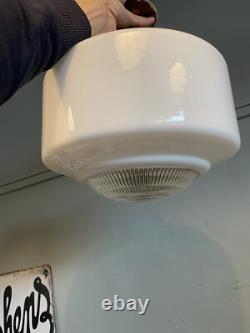 GEOMETRIC ART DECO OPALINE & HOLOPHANE GLASS PENDANT LIGHT. Three Available