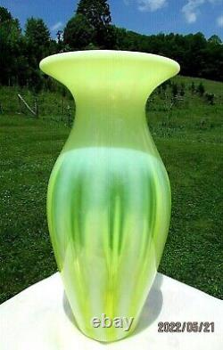 Gibson and Fenton Vaseline Opalescent Rib Optic Large Vase 11.2H 2000