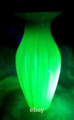 Gibson and Fenton Vaseline Opalescent Rib Optic Large Vase 11.2H 2000