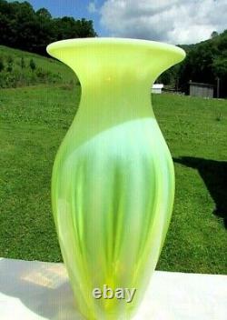 Gibson and Fenton Vaseline Opalescent Rib Optic Large Vase 11.2H 2000