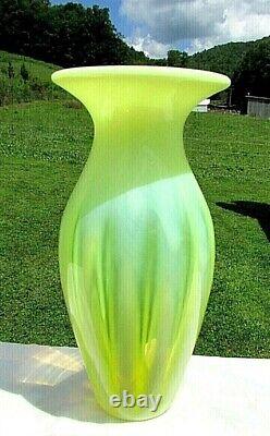 Gibson and Fenton Vaseline Opalescent Rib Optic Large Vase 11.2H 2000