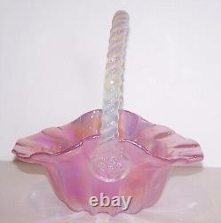 Gorgeous Art Glass Iridescent Pink & Opaque/opaline Handle 7 3/8 Tall Basket