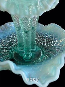 Gorgeous Fenton Glass Rare AQUA BLUE OPALESCENT DIAMOND LACE EPERGNE, 3 Horn EUC