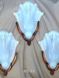 Gorgeous Set 3 Anglewall Light Sconces ART DECO Opalescent Glass signed EZAN