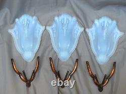 Gorgeous Set 3 Anglewall Light Sconces ART DECO Opalescent Glass signed EZAN