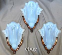 Gorgeous Set 3 Anglewall Light Sconces ART DECO Opalescent Glass signed EZAN