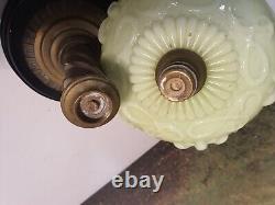 Green Antique Opaline Art Nouveau Oil Lamp Font with Brass & Stoneware Base