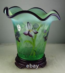 Green Opalescent Fenton Art Glass Flip Vase withStand Artist Signed Floral