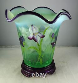 Green Opalescent Fenton Art Glass Flip Vase withStand Artist Signed Floral