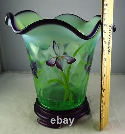 Green Opalescent Fenton Art Glass Flip Vase withStand Artist Signed Floral
