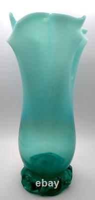 Hand Blown Aqua Blue Opalescent Ribbon Vase Dark Blue Fades to White Swirl Foot