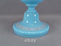 Harrach Bohemian Hand Enameled Basket of Fruit Blue Opaline 17 1/8 Inch Vase