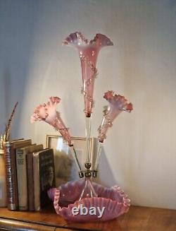 Huge Antique Victorian Stourbridge Cranberry & Vaseline Glass Ruffled Epergne