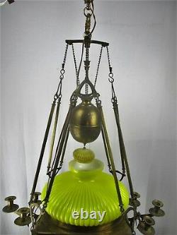 Impressive Chandelier Arts & Crafts Bauhaus Art Deco Brass Yellow Opaline Shade