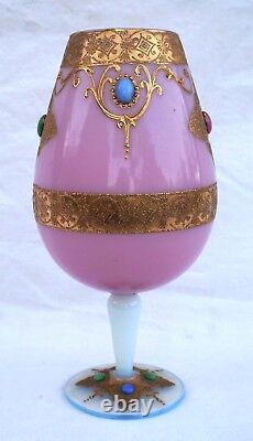 Italian Art Glass Eyes Cat Jewelly Cabochon Gilt Opaline Vase
