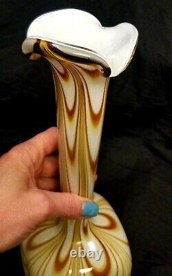 Italian Stunning Opaline Swirl Art Glass Vase Square Base Pulpit Top Italian