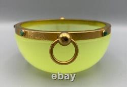 Jeweled Glass Bowl Vase Uranium Vaseline Opaline Gilt Brass Mount Murano Vanity