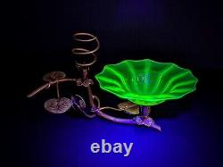 John Walsh Walsh Opalescent Vaseline Uranium Glass &Copper Waterlily Centrepiece