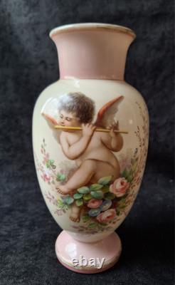 Josef Ahne Opaline Hand Painted Cherub Art Glass Vase 19th Century Signed