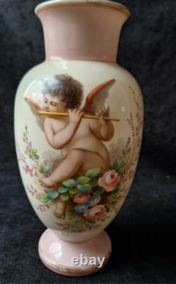 Josef Ahne Opaline Hand Painted Cherub Art Glass Vase 19th Century Signed