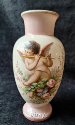 Josef Ahne Opaline Hand Painted Cherub Art Glass Vase 19th Century Signed