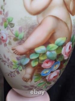 Josef Ahne Opaline Hand Painted Cherub Art Glass Vase 19th Century Signed