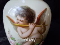 Josef Ahne Opaline Hand Painted Cherub Art Glass Vase 19th Century Signed