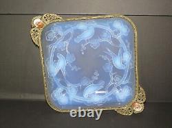 Julien Art Deco French Opalescent Square Bowl with Bird and Blossom Motif