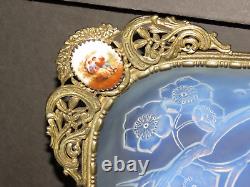 Julien Art Deco French Opalescent Square Bowl with Bird and Blossom Motif