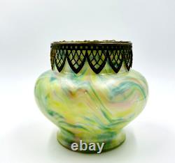 Kralik Glass Vase Opalescent Bowl With Bronze Frog Art Nouveau Czechoslovakia