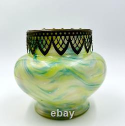 Kralik Glass Vase Opalescent Bowl With Bronze Frog Art Nouveau Czechoslovakia