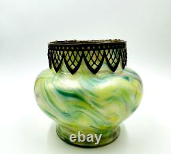 Kralik Glass Vase Opalescent Bowl With Bronze Frog Art Nouveau Czechoslovakia