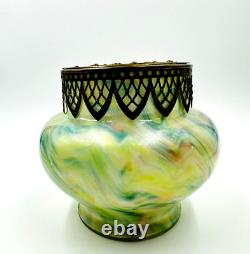 Kralik Glass Vase Opalescent Bowl With Bronze Frog Art Nouveau Czechoslovakia