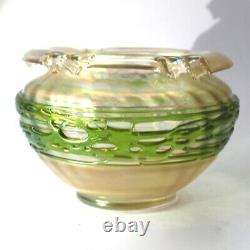 Kralik Opaline Iridescent Glass Vase Bowl Appiled Trails Czech Art Nouveau c1900