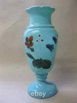 LARGE 28cm Antique Pale Blue OPALINE Glass Vase Victorian hand-Painted Flowers