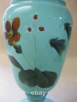 LARGE 28cm Antique Pale Blue OPALINE Glass Vase Victorian hand-Painted Flowers