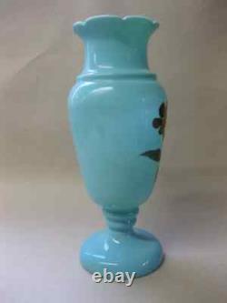 LARGE 28cm Antique Pale Blue OPALINE Glass Vase Victorian hand-Painted Flowers