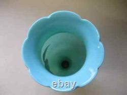 LARGE 28cm Antique Pale Blue OPALINE Glass Vase Victorian hand-Painted Flowers