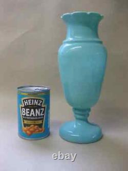 LARGE 28cm Antique Pale Blue OPALINE Glass Vase Victorian hand-Painted Flowers