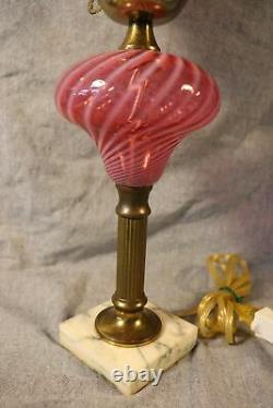 LG Wright / Fenton Glass OPALESCENT CRANBERRY COIN DOT & SWIRL Lamp 19 Tall