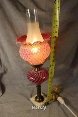 LG Wright / Fenton Glass OPALESCENT CRANBERRY COIN DOT & SWIRL Lamp 19 Tall