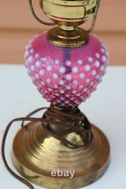 LG Wright / Fenton Glass OPALESCENT CRANBERRY HOBNAIL Lamp 17 Tall